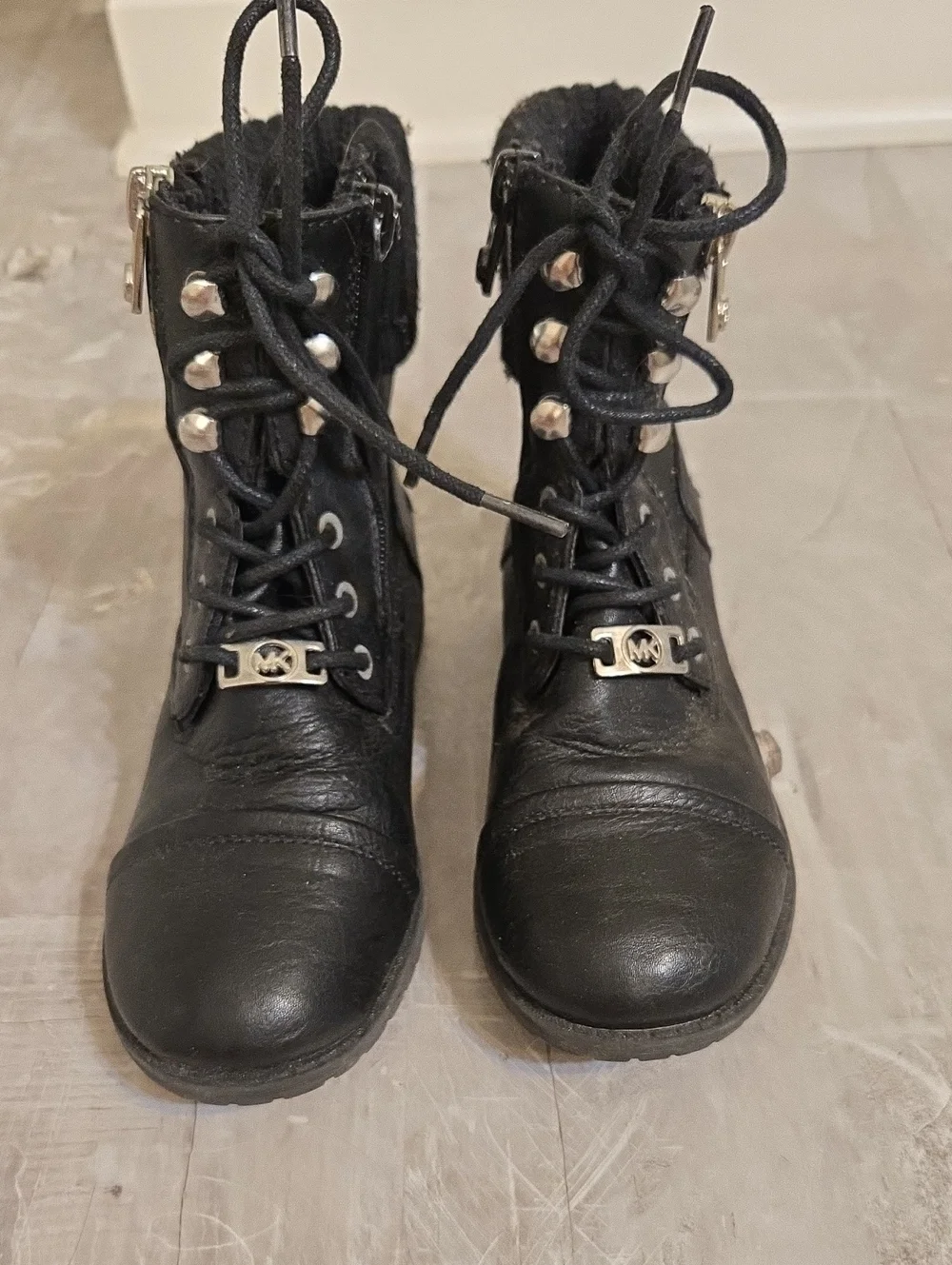 Michael Kors Black Lace-Up Leather Combat Ankle Boots with MK Hardware
